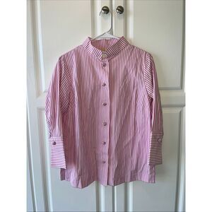 Gretchen Scott Forget Me Knot Top Women's Size Small Pink Striped Pankou Buttons